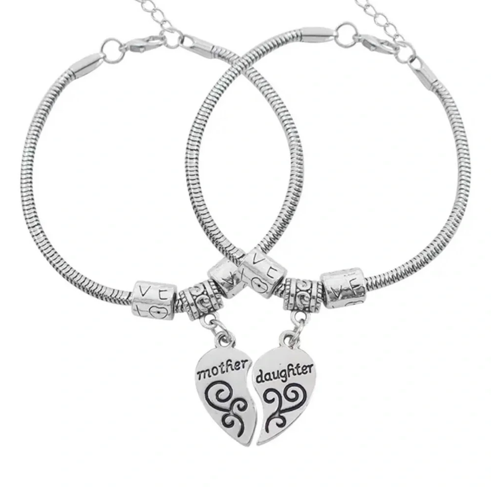 Mother Daughter Matching Silver Heart Split Charm Bracelets